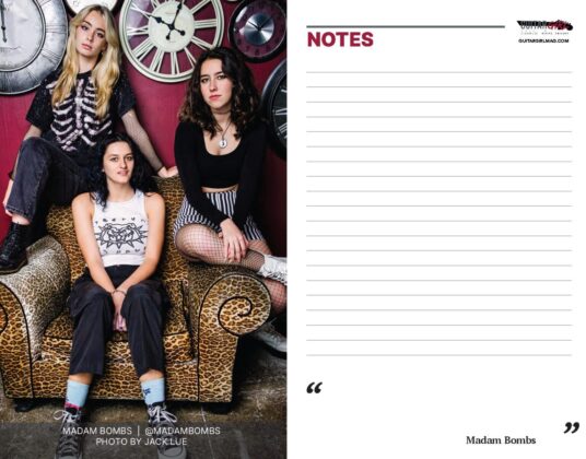 All firl band Madam Bombs featured in the notes section of the 2023 Guitar Girl Magazine Calendar