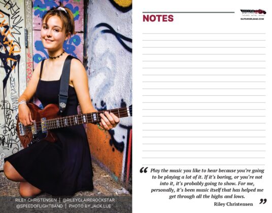 Riley Christensen featured in the notes section of the 2023 Guitar Girl Magazine Calendar