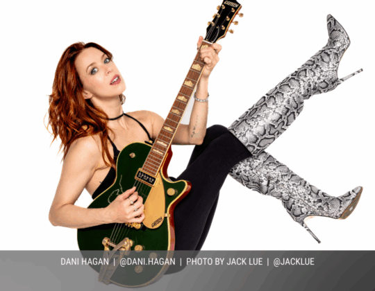 Pre-planner image for the 2027 Guitar Girl Magazine calendar showing guitarist Dani Hagan holding a Gretsch electric guitar on a white background.
