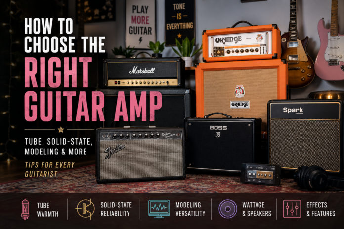 collection of guitar amplifiers including Fender, Marshall, Orange, Boss, and Spark amps for guitar amp buying guide