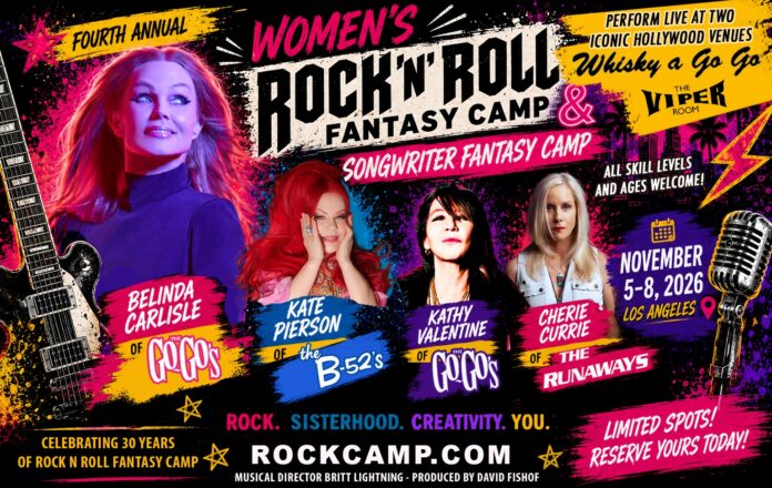 Promotional poster for the 2026 Women’s Rock ‘N’ Roll Fantasy Camp featuring Belinda Carlisle, Kate Pierson, Kathy Valentine, and Cherie Currie performing in Los Angeles