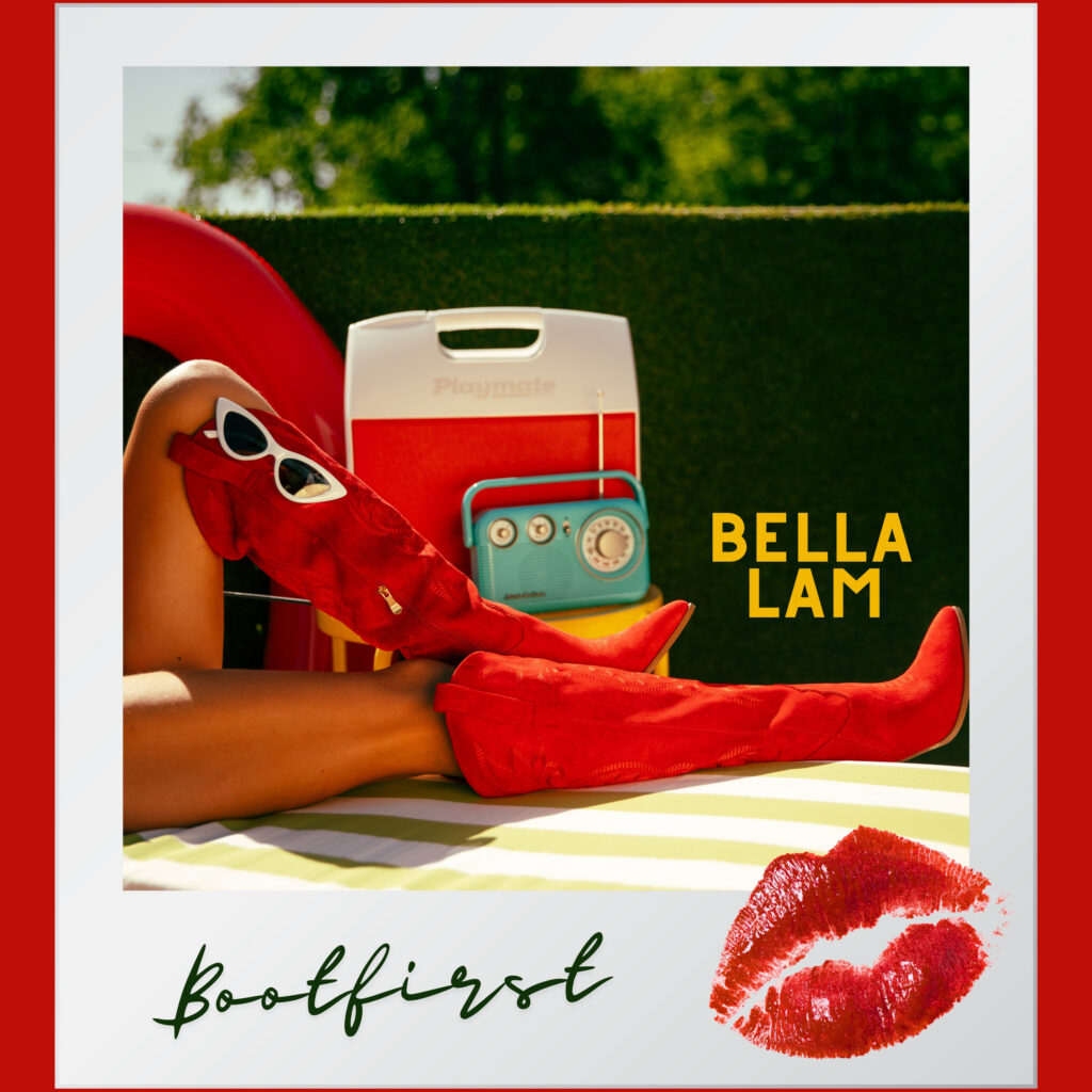 Cover art for Bella Lam’s single “Bootfirst,” featuring red cowboy boots, a vintage cooler and radio by a pool.